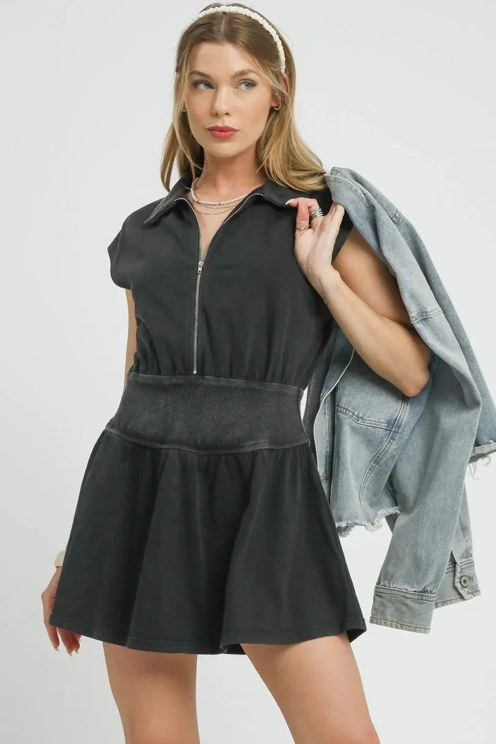 Umgee Zip Front Cap Sleeve Mini Dress - VILLA FASHION